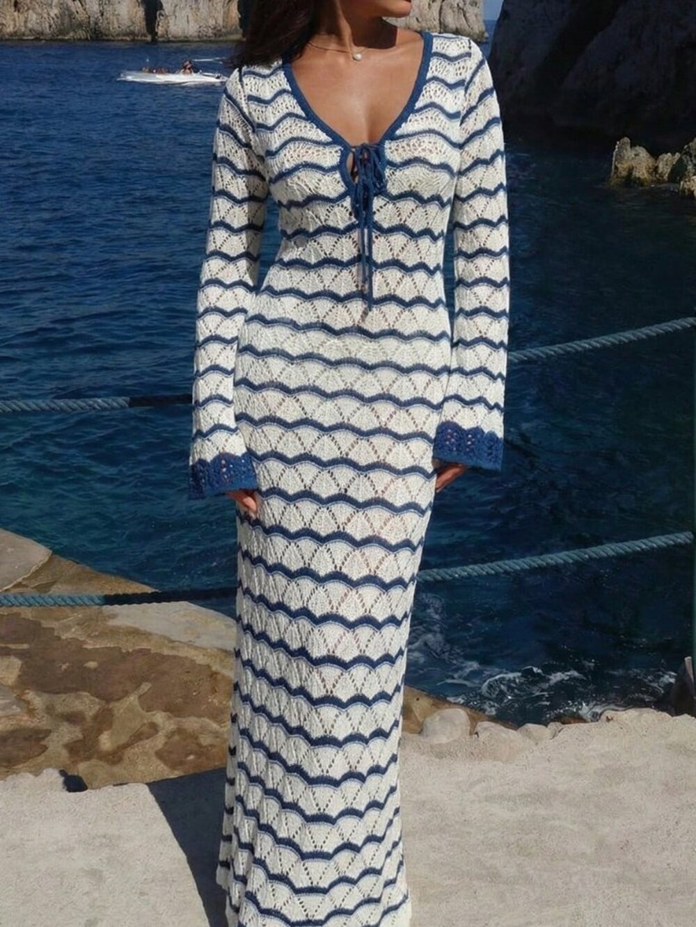 Multicolor Striped Deep V-Neck Women's Maxi Knit Dress